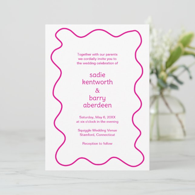 Simple Pink Squiggle Frame Modern Wedding Invitation (Standing Front)