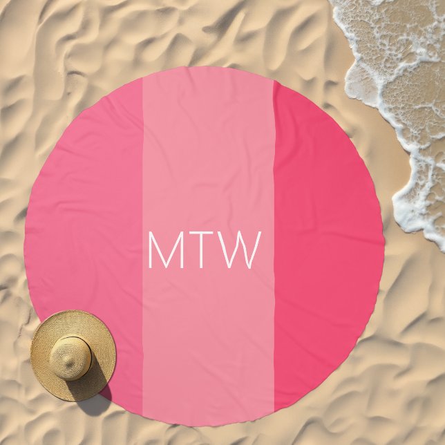 Simple Pink Stripes White Monogram Round Beach Towel (Beach)