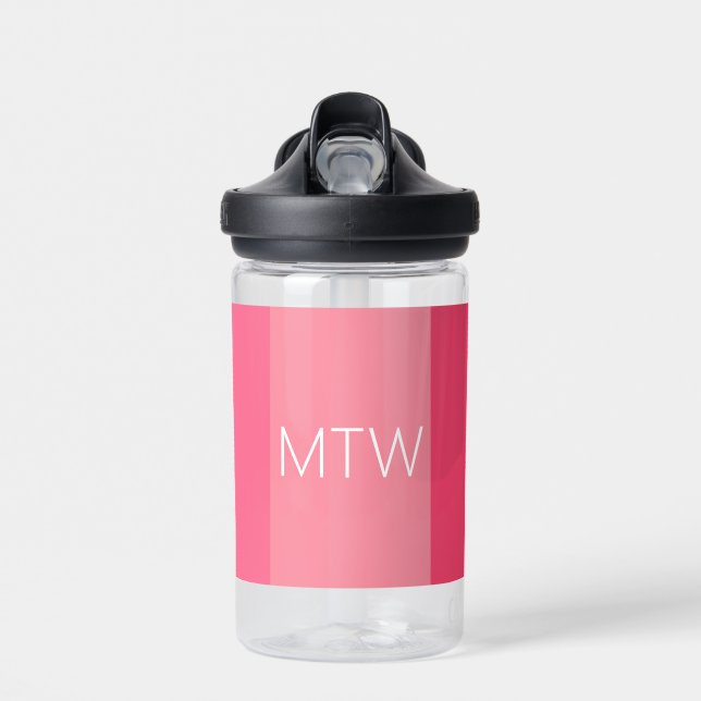 Simple Pink Stripes White Monogram Water Bottle (Front)