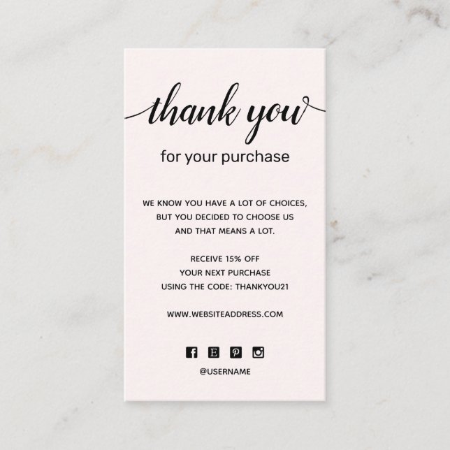 Simple Pink Thank you For your Purchase Business Card (Front)