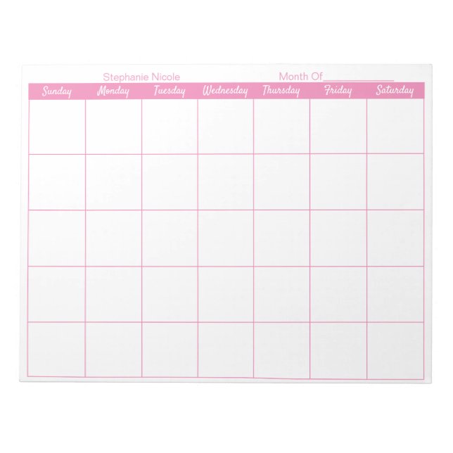 Simple Pink Thin Border Name Monthly Planner Notepad (Front)