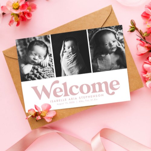 Simple pink three photo birth announcement
