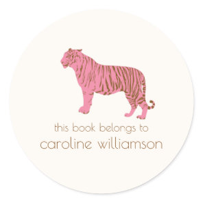 Simple Pink Tiger Custom This Book Belongs To Classic Round Sticker