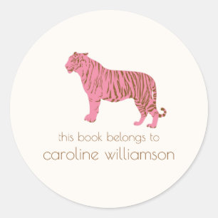 Simple Pink Tiger Custom This Book Belongs To Classic Round Sticker