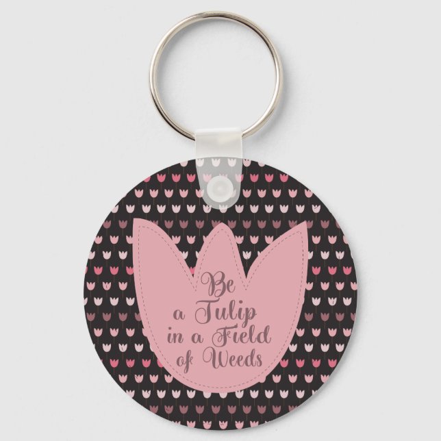 Simple Pink Tulip Pattern with dark background Keychain (Front)