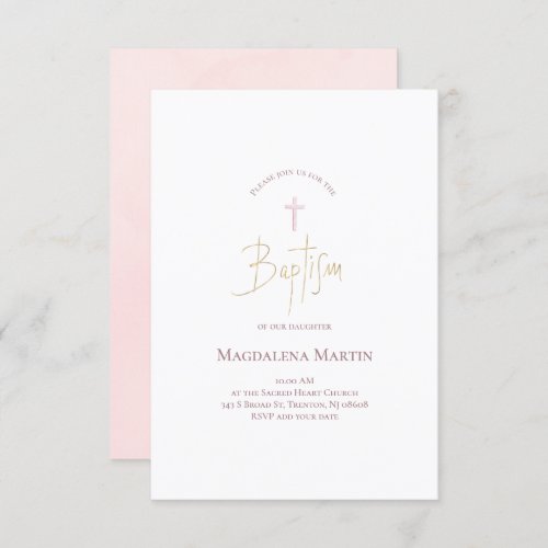 simple pink watercolor baby girl Baptism Invitation