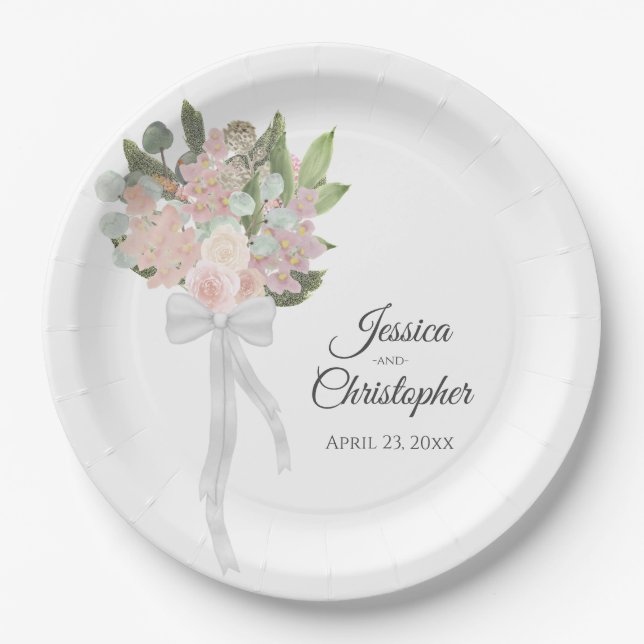 Simple Pink Watercolor Bouquet Floral Wedding Paper Plates (Front)