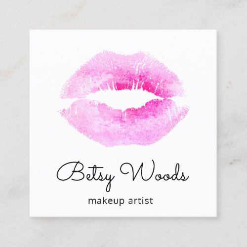 Simple Pink Watercolor Kiss Makeup Artist Salon Square Business Card