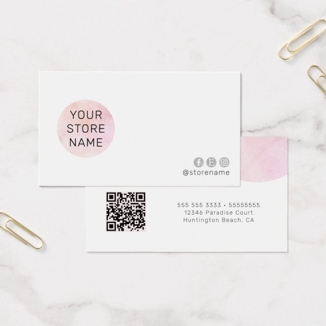 Simple Pink Watercolor QR Code Business Card (Office)