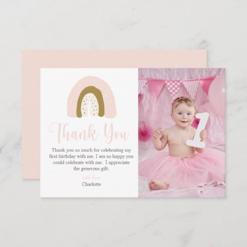Simple Pink Watercolor Rainbow Birthday Thank You Card