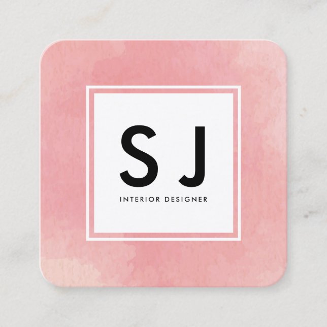 Simple Pink Watercolour Modern Interior Designer Square Business Card (Front)