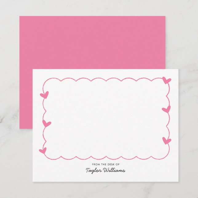 Simple Pink Wavy Border Heart Stationery Note Card (Front/Back)