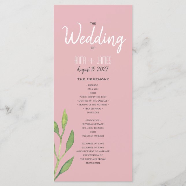Simple Pink Wedding Program (Front)