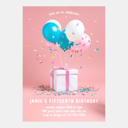 Simple Pink White Balloons Birthday Invitation