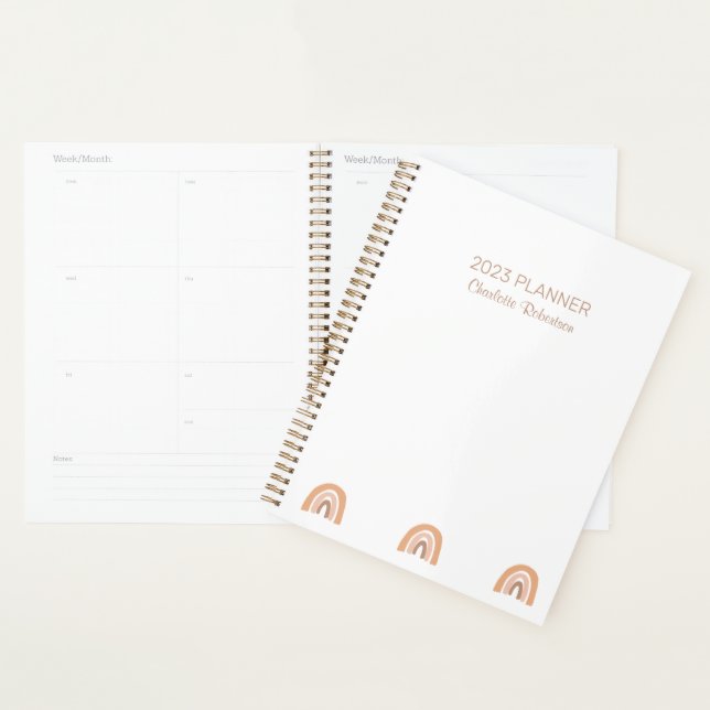 Simple Pink White Boho Rainbow Personalized Planner (Display)