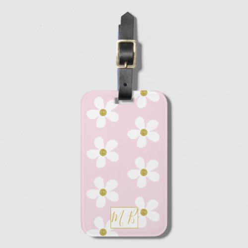 Simple Pink White Daisy Gold Monogram Travel Luggage Tag