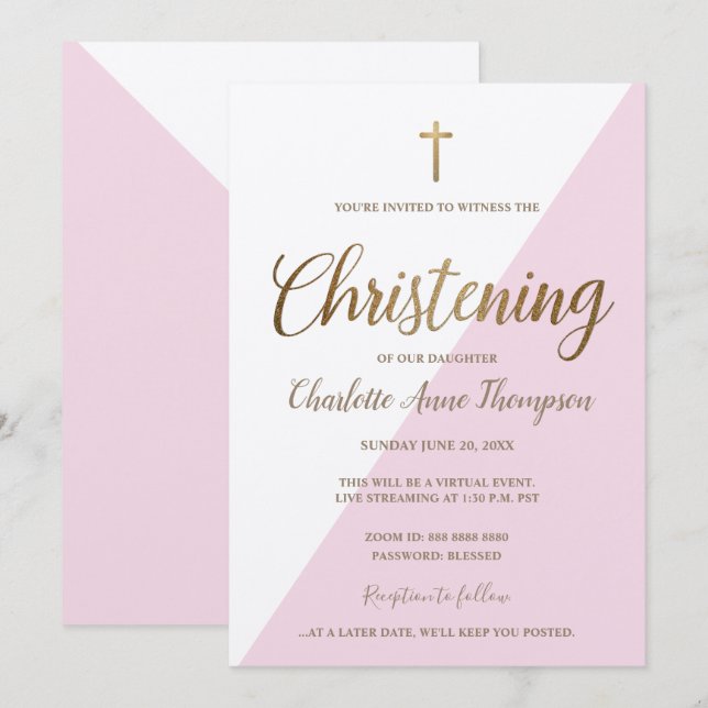 Simple Pink White Gold Cross Virtual Christening  Invitation (Front/Back)