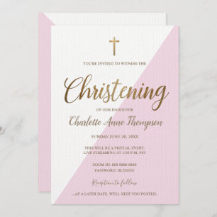 Simple Pink White Gold Cross Virtual Christening Invitation
