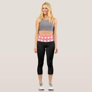 Simple Pink White Heart  Black Capri Leggings