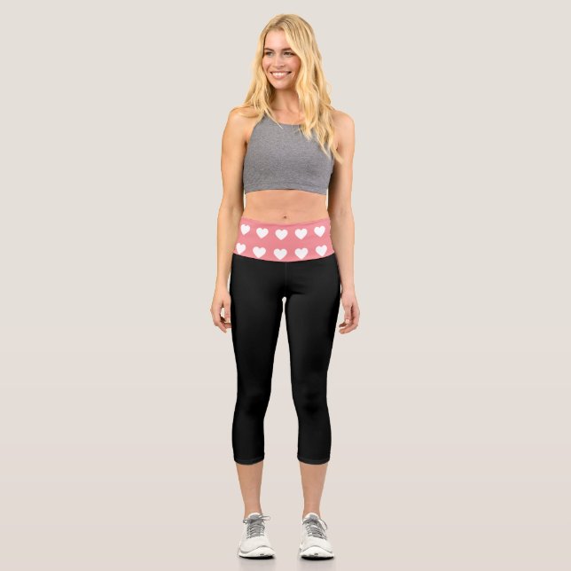 Simple Pink White Heart  Black Capri Leggings (Front)