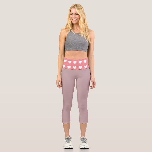 Simple Pink White Heart  Capri Leggings (Front)