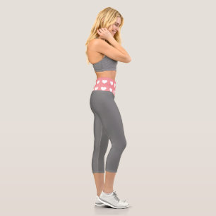 Simple Pink White Heart  Gray Capri Leggings