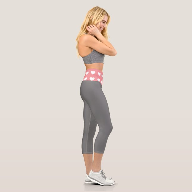 Simple Pink White Heart  Gray Capri Leggings (Right)