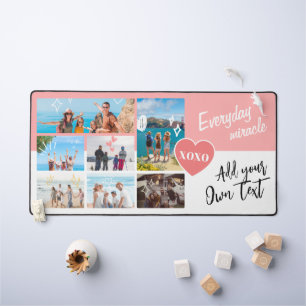 Simple pink white personalized text photo collage desk mat