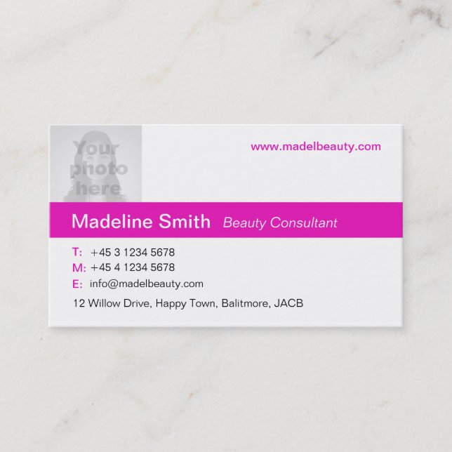 Simple pink & white photo pink back business card (Front)