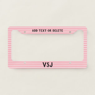Simple Pink White Stripes Text Initials Monogram License Plate Frame