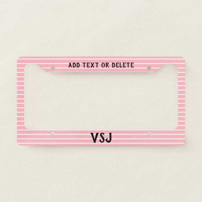 Simple Pink White Stripes Text Initials Monogram License Plate Frame (Front)