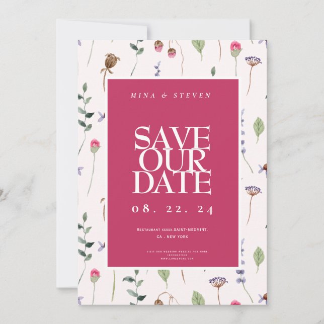 Simple pink wildflower Wreath Save The Date (Front)