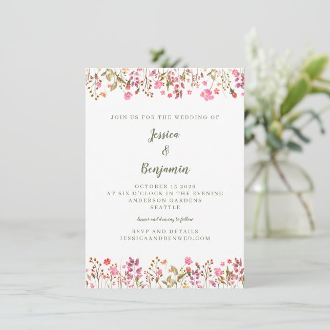 Simple Pink Wildflowers Floral Border Wedding Invitation (Standing Front)