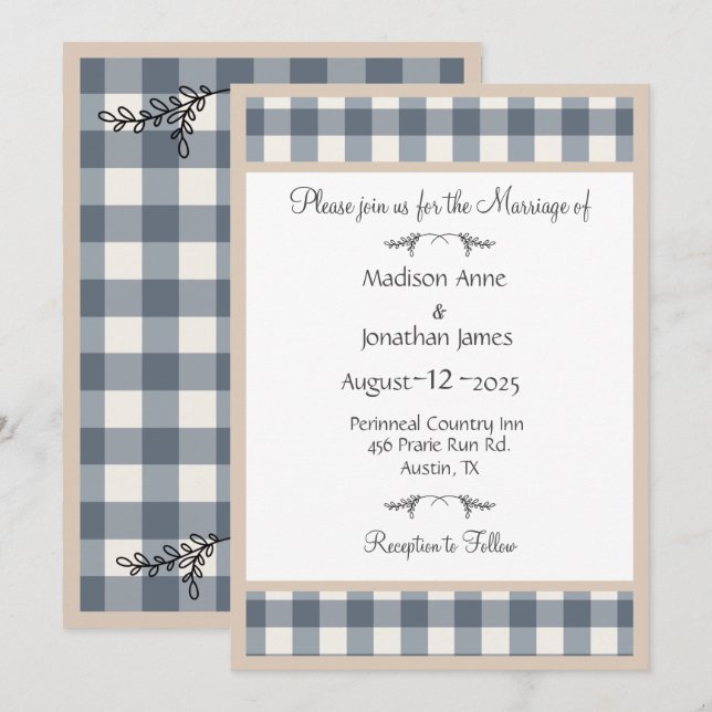 Simple Plaid Gingham Pretty Country Wedding Invitation (Front/Back)