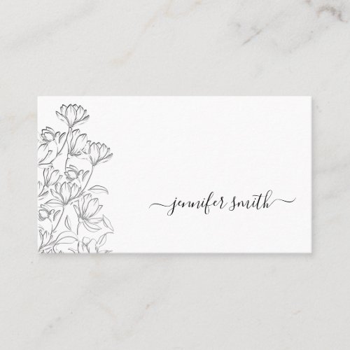 Simple Plain Black and White Flower Drawing Floral Business Card