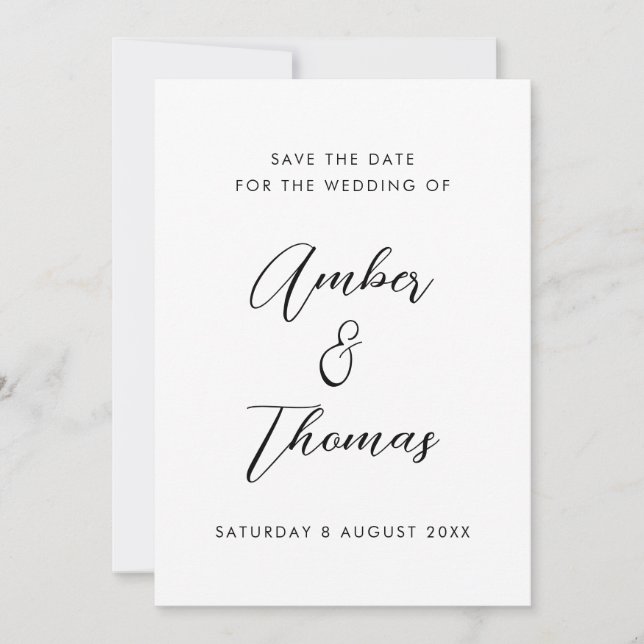 Simple Plain Black and White Modern Calligraphy  Save The Date (Front)