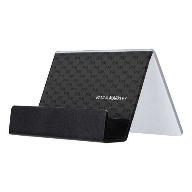 Simple Plain Black Gray Modern Monogram Pattern Desk Business Card Holder (Angled Front)