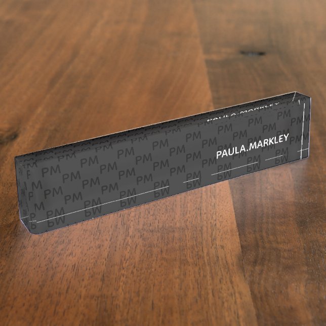 Simple Plain Black Gray Modern Monogram Pattern Desk Name Plate (Side)