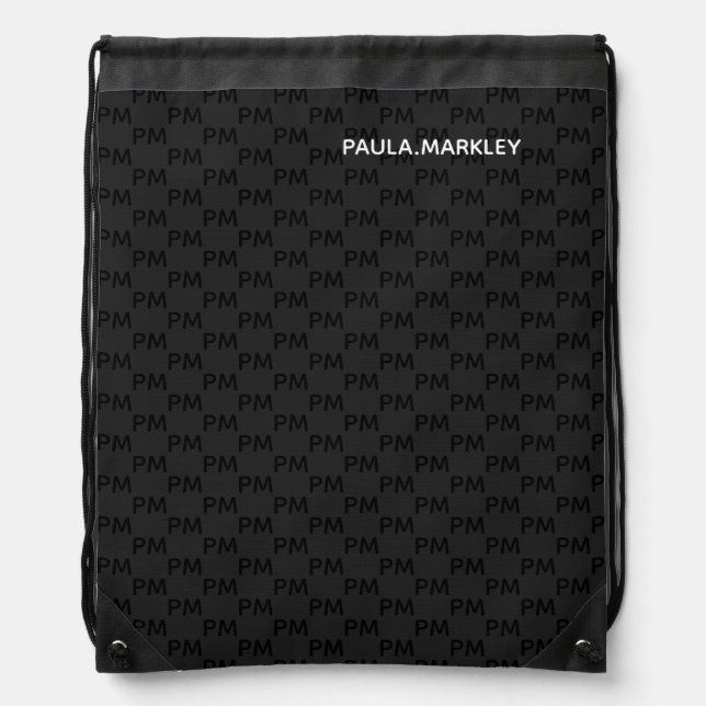 Simple Plain Black Gray Modern Monogram Pattern Drawstring Bag (Front)