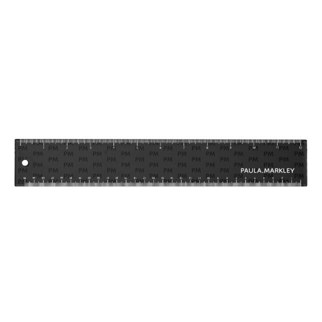 Simple Plain Black Gray Modern Monogram Pattern Ruler (Front)