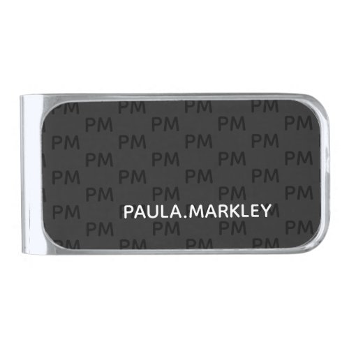 Simple Plain Black Gray Modern Monogram Pattern Silver Finish Money Clip