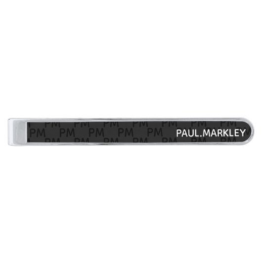 Simple Plain Black Gray Modern Monogram Pattern Silver Finish Tie Bar (Front)