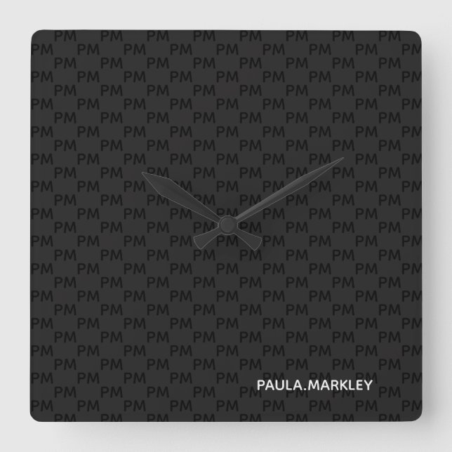 Simple Plain Black Gray Modern Monogram Pattern Square Wall Clock (Front)