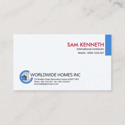 Simple Plain Blue Global International Contractor Business Card