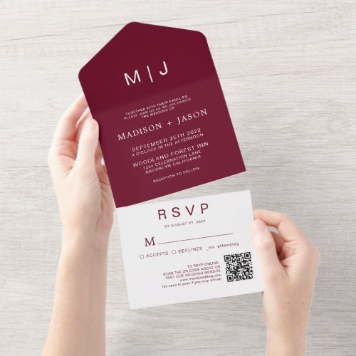 Simple Plain Burgundy Monogram QR Code Wedding All In One Invitation