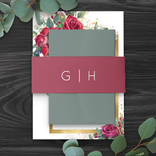 Simple Plain Burgundy Red Monogrammed Wedding Invitation Belly Band
