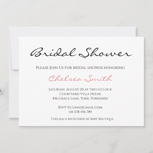 Simple Plain Calligraphy Bridal Shower Invitation (Front)