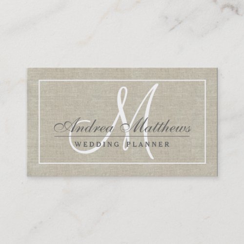 Simple Plain Chic Beige Linen Texture Monogram Business Card