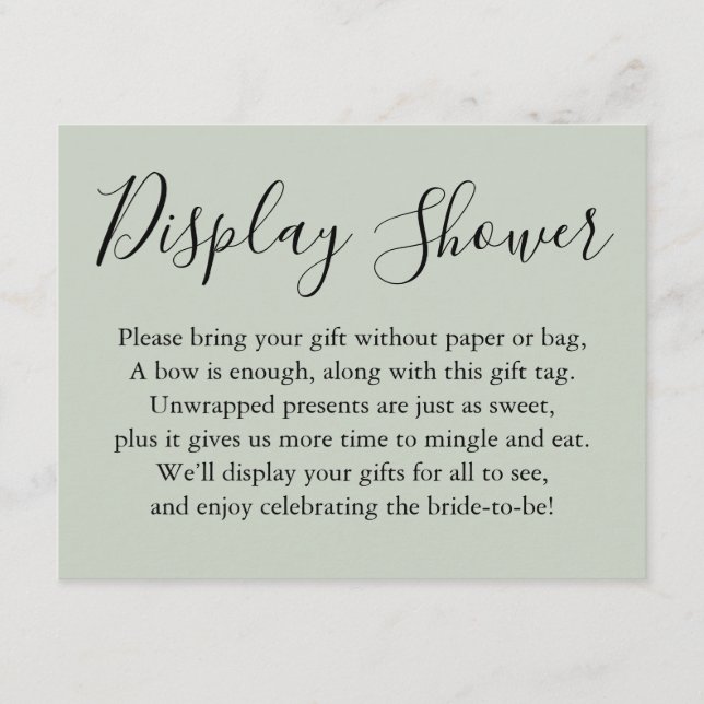 Simple Plain Display Bridal Shower Sage Green Enclosure Card (Front)