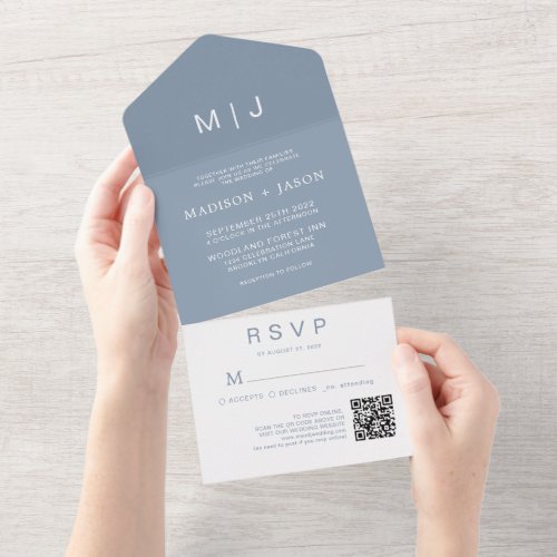 Simple Plain Dusty Blue Monogram QR Code Wedding All In One Invitation